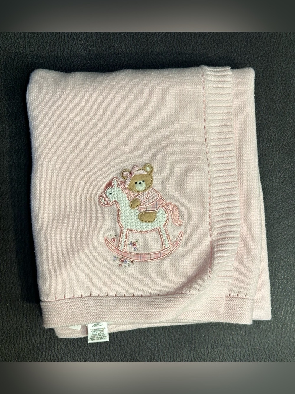 Little me teddy bear/rocking horse pink knit baby blanket 100% cotton vintage